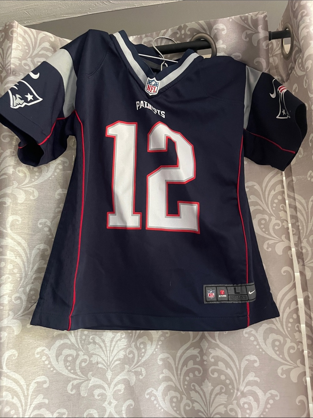 Nike Kids Navy Patriots #12 Football Jersey with Silver Accents
